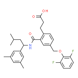 ChemSpider 2D Image | 3-(4-[(2,6-Difluorophenoxy)methyl]-2-{[1-(3,5-dimethylphenyl)-3-methylbutyl]carbamoyl}phenyl)propanoic acid | C30H33F2NO4
