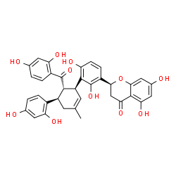 ChemSpider 2D Image | (2S)-2-{3-[(1S,5R,6S)-6-(2,4-Dihydroxybenzoyl)-5-(2,4-dihydroxyphenyl)-3-methyl-2-cyclohexen-1-yl]-2,4-dihydroxyphenyl}-5,7-dihydroxy-2,3-dihydro-4H-chromen-4-one | C35H30O11