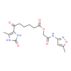 ChemSpider 2D Image | 2-[(5-Methyl-1,2-oxazol-3-yl)amino]-2-oxoethyl 6-(5-methyl-2-oxo-2,3-dihydro-1H-imidazol-4-yl)-6-oxohexanoate | C16H20N4O6