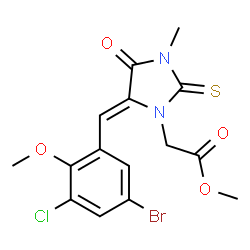 ChemSpider 2D Image | Methyl [(5Z)-5-(5-bromo-3-chloro-2-methoxybenzylidene)-3-methyl-4-oxo-2-thioxo-1-imidazolidinyl]acetate | C15H14BrClN2O4S
