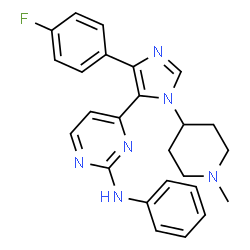 ChemSpider 2D Image | 4-[4-(4-Fluorophenyl)-1-(1-methyl-4-piperidinyl)-1H-imidazol-5-yl]-N-phenyl-2-pyrimidinamine | C25H25FN6