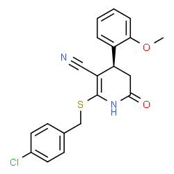 ChemSpider 2D Image | (4R)-2-[(4-Chlorobenzyl)sulfanyl]-4-(2-methoxyphenyl)-6-oxo-1,4,5,6-tetrahydro-3-pyridinecarbonitrile | C20H17ClN2O2S