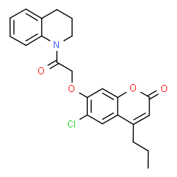 ChemSpider 2D Image | 6-Chloro-7-[2-(3,4-dihydro-1(2H)-quinolinyl)-2-oxoethoxy]-4-propyl-2H-chromen-2-one | C23H22ClNO4