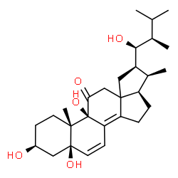 ChemSpider 2D Image | (3beta,5beta,9beta,13xi,22R,23S)-3,5,9,23-Tetrahydroxy-18,22-cycloergosta-6,8(14)-dien-11-one | C28H42O5