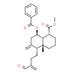 ChemSpider 2D Image | Methyl (1R,4aR,5R,8R,8aR)-8-(benzoyloxy)-5-(3-formyl-3-buten-1-yl)-4a-methyl-6-methylenedecahydro-1-naphthalenecarboxylate | C26H32O5