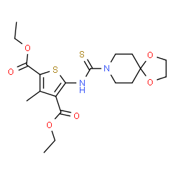 ChemSpider 2D Image | Diethyl 5-[(1,4-dioxa-8-azaspiro[4.5]dec-8-ylcarbothioyl)amino]-3-methylthiophene-2,4-dicarboxylate | C19H26N2O6S2