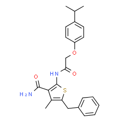 ChemSpider 2D Image | 5-Benzyl-2-{[(4-isopropylphenoxy)acetyl]amino}-4-methyl-3-thiophenecarboxamide | C24H26N2O3S