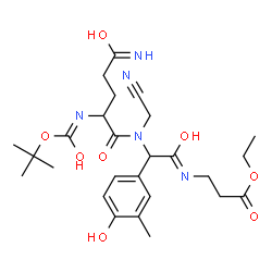 ChemSpider 2D Image | Ethyl N-{[(cyanomethyl)(N~2~-{[(2-methyl-2-propanyl)oxy]carbonyl}glutaminyl)amino](4-hydroxy-3-methylphenyl)acetyl}-beta-alaninate | C26H37N5O8