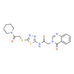 ChemSpider 2D Image | N-(5-{[2-Oxo-2-(1-piperidinyl)ethyl]sulfanyl}-1,3,4-thiadiazol-2-yl)-2-(4-oxo-3(4H)-quinazolinyl)acetamide | C19H20N6O3S2