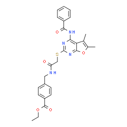 ChemSpider 2D Image | Ethyl 4-{[({[4-(benzoylamino)-5,6-dimethylfuro[2,3-d]pyrimidin-2-yl]sulfanyl}acetyl)amino]methyl}benzoate | C27H26N4O5S