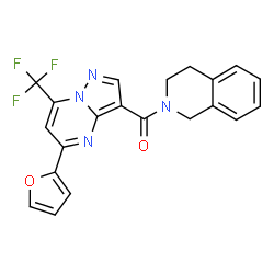 ChemSpider 2D Image | 3,4-Dihydro-2(1H)-isoquinolinyl[5-(2-furyl)-7-(trifluoromethyl)pyrazolo[1,5-a]pyrimidin-3-yl]methanone | C21H15F3N4O2