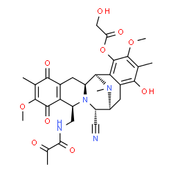 ChemSpider 2D Image | (1R,2S,10R,12R,13S)-12-Cyano-16-hydroxy-7,18-dimethoxy-6,17,21-trimethyl-5,8-dioxo-10-[(pyruvoylamino)methyl]-11,21-diazapentacyclo[11.7.1.0~2,11~.0~4,9~.0~15,20~]henicosa-4(9),6,15,17,19-pentaen-19-y
l glycolate | C31H34N4O10