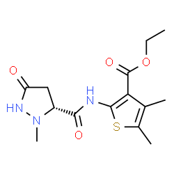 ChemSpider 2D Image | Ethyl 4,5-dimethyl-2-({[(3R)-2-methyl-5-oxo-3-pyrazolidinyl]carbonyl}amino)-3-thiophenecarboxylate | C14H19N3O4S