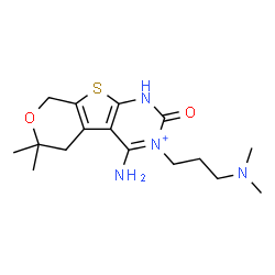 ChemSpider 2D Image | 4-Amino-3-[3-(dimethylamino)propyl]-6,6-dimethyl-2-oxo-1,5,6,8-tetrahydro-2H-pyrano[4',3':4,5]thieno[2,3-d]pyrimidin-3-ium | C16H25N4O2S
