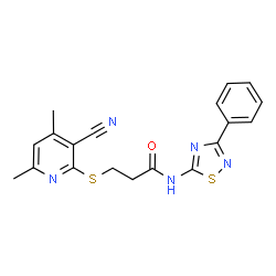 ChemSpider 2D Image | 3-[(3-Cyano-4,6-dimethyl-2-pyridinyl)sulfanyl]-N-(3-phenyl-1,2,4-thiadiazol-5-yl)propanamide | C19H17N5OS2