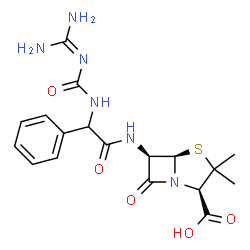 ChemSpider 2D Image | (2R,5R,6R)-6-{[{[(Diaminomethylene)carbamoyl]amino}(phenyl)acetyl]amino}-3,3-dimethyl-7-oxo-4-thia-1-azabicyclo[3.2.0]heptane-2-carboxylic acid | C18H22N6O5S