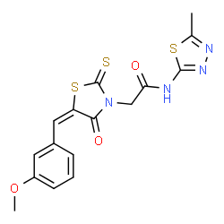 ChemSpider 2D Image | 2-[(5E)-5-(3-Methoxybenzylidene)-4-oxo-2-thioxo-1,3-thiazolidin-3-yl]-N-(5-methyl-1,3,4-thiadiazol-2-yl)acetamide | C16H14N4O3S3