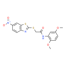 ChemSpider 2D Image | N-(2,5-Dimethoxyphenyl)-2-[(6-nitro-1,3-benzothiazol-2-yl)sulfanyl]acetamide | C17H15N3O5S2
