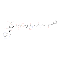 ChemSpider 2D Image | S-{(9R)-1-[(2R,3S,4R,5R)-5-(6-Amino-9H-purin-9-yl)-4-hydroxy-3-(phosphonooxy)tetrahydro-2-furanyl]-3,5,9-trihydroxy-8,8-dimethyl-3,5-dioxido-10,14-dioxo-2,4,6-trioxa-11,15-diaza-3lambda~5~,5lambda~5~-
diphosphaheptadecan-17-yl} 3-(2-furyl)propanethioate | C28H42N7O18P3S