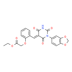 ChemSpider 2D Image | Ethyl (2-{(E)-[1-(1,3-benzodioxol-5-yl)-2,4,6-trioxotetrahydro-5(2H)-pyrimidinylidene]methyl}phenoxy)acetate | C22H18N2O8
