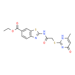 ChemSpider 2D Image | Ethyl 2-({[(6-methyl-4-oxo-1,4-dihydro-2-pyrimidinyl)sulfanyl]acetyl}amino)-1,3-benzothiazole-6-carboxylate | C17H16N4O4S2