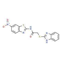 ChemSpider 2D Image | 2-(1H-Benzimidazol-2-ylsulfanyl)-N-(6-nitro-1,3-benzothiazol-2-yl)acetamide | C16H11N5O3S2