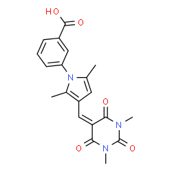 ChemSpider 2D Image | 3-{3-[(1,3-Dimethyl-2,4,6-trioxotetrahydro-5(2H)-pyrimidinylidene)methyl]-2,5-dimethyl-1H-pyrrol-1-yl}benzoic acid | C20H19N3O5