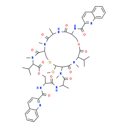 ChemSpider 2D Image | N,N'-[11,24-Diisopropyl-2,4,12,15,17,25-hexamethyl-27-(methylsulfanyl)-3,6,10,13,16,19,23,26-octaoxo-9,22-dioxa-28-thia-2,5,12,15,18,25-hexaazabicyclo[12.12.3]nonacosane-7,20-diyl]di(2-quinolinecarbox
amide) | C53H66N10O12S2