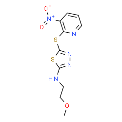 ChemSpider 2D Image | N-(2-Methoxyethyl)-5-[(3-nitro-2-pyridinyl)sulfanyl]-1,3,4-thiadiazol-2-amine | C10H11N5O3S2