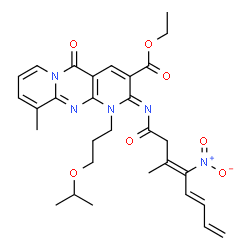 ChemSpider 2D Image | Ethyl (2Z)-1-(3-isopropoxypropyl)-10-methyl-2-{[(3Z,5E)-3-methyl-4-nitro-3,5,7-octatrienoyl]imino}-5-oxo-1,5-dihydro-2H-dipyrido[1,2-a:2',3'-d]pyrimidine-3-carboxylate | C30H35N5O7