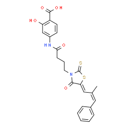 ChemSpider 2D Image | 2-Hydroxy-4-[(4-{(5Z)-5-[(2Z)-2-methyl-3-phenyl-2-propen-1-ylidene]-4-oxo-2-thioxo-1,3-thiazolidin-3-yl}butanoyl)amino]benzoic acid | C24H22N2O5S2