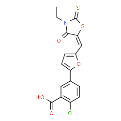 ChemSpider 2D Image | 2-Chloro-5-{5-[(E)-(3-ethyl-4-oxo-2-thioxo-1,3-thiazolidin-5-ylidene)methyl]-2-furyl}benzoic acid | C17H12ClNO4S2
