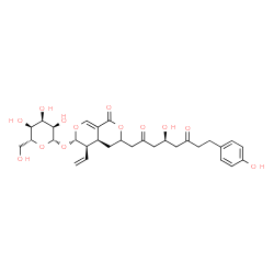 ChemSpider 2D Image | (4aS,5R,6S)-3-[(4S)-4-Hydroxy-8-(4-hydroxyphenyl)-2,6-dioxooctyl]-1-oxo-5-vinyl-4,4a,5,6-tetrahydro-1H,3H-pyrano[3,4-c]pyran-6-yl beta-D-allopyranoside | C30H38O13