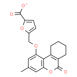 ChemSpider 2D Image | 5-{[(3-Methyl-6-oxo-7,8,9,10-tetrahydro-6H-benzo[c]chromen-1-yl)oxy]methyl}-2-furoate | C20H17O6