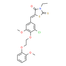 ChemSpider 2D Image | (5Z)-5-{3-Chloro-5-methoxy-4-[2-(2-methoxyphenoxy)ethoxy]benzylidene}-3-ethyl-2-thioxo-1,3-thiazolidin-4-one | C22H22ClNO5S2