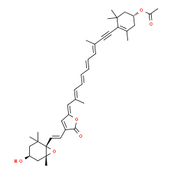 ChemSpider 2D Image | (1R)-4-{(3E,5E,7E,9E,11Z)-11-[4-{(E)-2-[(1S,4S,6R)-4-Hydroxy-2,2,6-trimethyl-7-oxabicyclo[4.1.0]hept-1-yl]vinyl}-5-oxo-2(5H)-furanylidene]-3,10-dimethyl-3,5,7,9-undecatetraen-1-yn-1-yl}-3,5,5-trimethy
l-3-cyclohexen-1-yl acetate | C39H48O6
