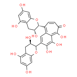 ChemSpider 2D Image | 3,4,5-Trihydroxy-9-[(2R,3R)-3,5,7-trihydroxy-3,4-dihydro-2H-chromen-2-yl]-2-[(3R)-3,5,7-trihydroxy-3,4-dihydro-2H-chromen-2-yl]-6H-benzo[7]annulen-6-one | C29H24O12