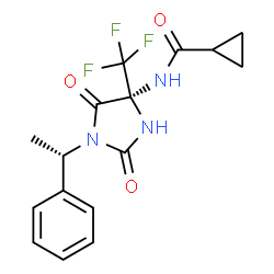 ChemSpider 2D Image | N-[(4S)-2,5-Dioxo-1-[(1S)-1-phenylethyl]-4-(trifluoromethyl)-4-imidazolidinyl]cyclopropanecarboxamide | C16H16F3N3O3