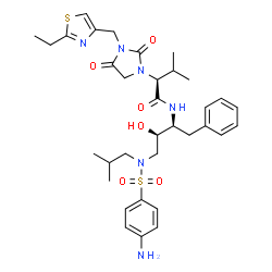 ChemSpider 2D Image | (2S)-N-[(2S,3R)-4-{[(4-Aminophenyl)sulfonyl](isobutyl)amino}-3-hydroxy-1-phenyl-2-butanyl]-2-{3-[(2-ethyl-1,3-thiazol-4-yl)methyl]-2,4-dioxo-1-imidazolidinyl}-3-methylbutanamide | C34H46N6O6S2