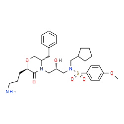 ChemSpider 2D Image | N-{(2S)-3-[(2R,5S)-2-(3-Aminopropyl)-5-benzyl-3-oxo-4-morpholinyl]-2-hydroxypropyl}-N-(cyclopentylmethyl)-4-methoxybenzenesulfonamide | C30H43N3O6S