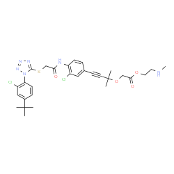 ChemSpider 2D Image | 2-(Methylamino)ethyl {[4-(3-chloro-4-{[({1-[2-chloro-4-(2-methyl-2-propanyl)phenyl]-1H-tetrazol-5-yl}sulfanyl)acetyl]amino}phenyl)-2-methyl-3-butyn-2-yl]oxy}acetate | C29H34Cl2N6O4S