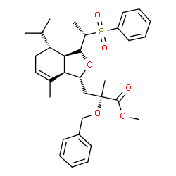 ChemSpider 2D Image | Methyl (2S)-2-(benzyloxy)-3-{(1R,3R,3aR,4R,7aR)-4-isopropyl-7-methyl-3-[(1S)-1-(phenylsulfonyl)ethyl]-1,3,3a,4,5,7a-hexahydro-2-benzofuran-1-yl}-2-methylpropanoate | C32H42O6S