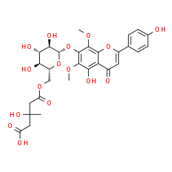 ChemSpider 2D Image | 5-Hydroxy-2-(4-hydroxyphenyl)-6,8-dimethoxy-4-oxo-4H-chromen-7-yl 6-O-(4-carboxy-3-hydroxy-3-methylbutanoyl)-beta-D-glucopyranoside | C29H32O16