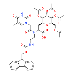 ChemSpider 2D Image | 2-{(2-{[(9H-Fluoren-9-ylmethoxy)carbonyl]amino}ethyl)[(5-methyl-2,4-dioxo-3,4-dihydro-1(2H)-pyrimidinyl)acetyl]amino}-3-[(2S,3S,4R,5S,6R)-3,4,5-triacetoxy-6-(acetoxymethyl)tetrahydro-2H-pyran-2-yl]pro
panoic acid | C41H46N4O16