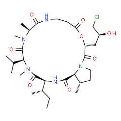ChemSpider 2D Image | (3S,6S,9S,16R,21S,21aS)-3-[(2S)-2-Butanyl]-16-[(2S)-3-chloro-2-hydroxypropyl]-6-isopropyl-5,8,9,21-tetramethyldodecahydropyrrolo[1,2-d][1,4,7,10,13,16]oxapentaazacyclononadecine-1,4,7,10,14,17(11H,16H
)-hexone | C30H50ClN5O8