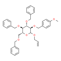 ChemSpider 2D Image | Allyl 3,4,6-tri-O-benzyl-2-O-(4-methoxybenzyl)-D-glucopyranoside | C38H42O7