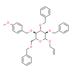 ChemSpider 2D Image | Allyl 2,3,6-tri-O-benzyl-4-O-(4-methoxybenzyl)-D-glucopyranoside | C38H42O7