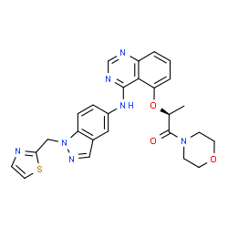 ChemSpider 2D Image | (2S)-1-(4-Morpholinyl)-2-[(4-{[1-(1,3-thiazol-2-ylmethyl)-1H-indazol-5-yl]amino}-5-quinazolinyl)oxy]-1-propanone | C26H25N7O3S