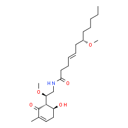 ChemSpider 2D Image | (4E,7S)-N-{(2R)-2-[(1S,6S)-6-Hydroxy-3-methyl-2-oxo-3-cyclohexen-1-yl]-2-methoxyethyl}-7-methoxy-4-dodecenamide | C23H39NO5
