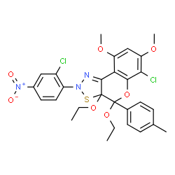 ChemSpider 2D Image | 6-Chloro-2-(2-chloro-4-nitrophenyl)-3a,4-diethoxy-7,9-dimethoxy-4-(4-methylphenyl)-3a,4-dihydro-2H-chromeno[4,3-d][1,2,3]thiadiazole | C28H27Cl2N3O7S